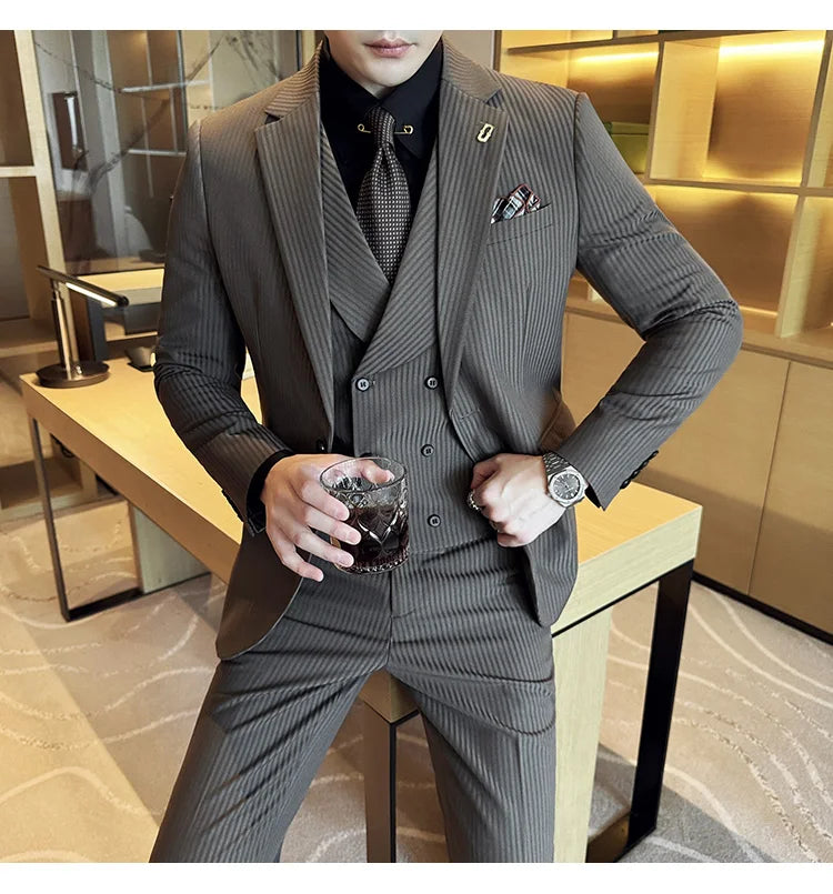 Luxury Stripe Men Suit Korean Version Fashion Elegant Slim Fit Tuxedo Formal Groom Wedding Social Suits