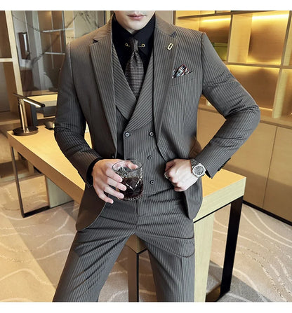 Luxury Stripe Men Suit Korean Version Fashion Elegant Slim Fit Tuxedo Formal Groom Wedding Social Suits