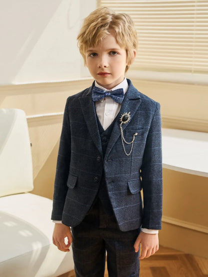 Dark Blue Boys Plaid Suit Set 4 Pieces,Formal Long Sleeve Kids Suits For Autumn And Winter,Handsome Children's Tuxedo