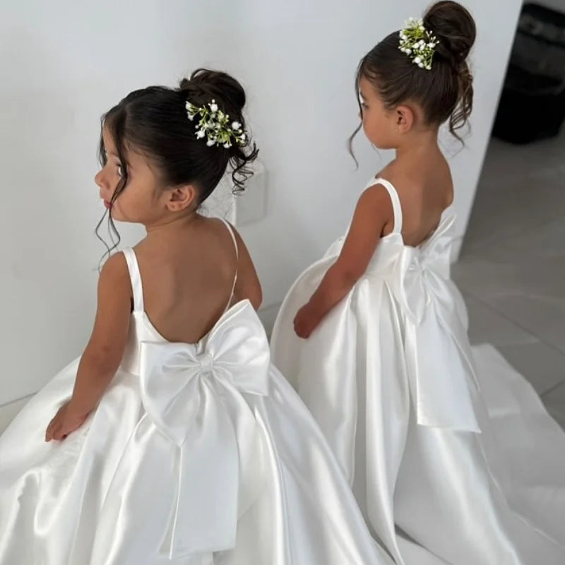 Ivory Flower Girl Dress With Bow Strap Mini Bridal Wedding Dress Kids Ball Gown 1st Communion Frock Customized Vestidos De Noiva