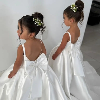 Ivory Flower Girl Dress With Bow Strap Mini Bridal Wedding Dress Kids Ball Gown 1st Communion Frock Customized Vestidos De Noiva
