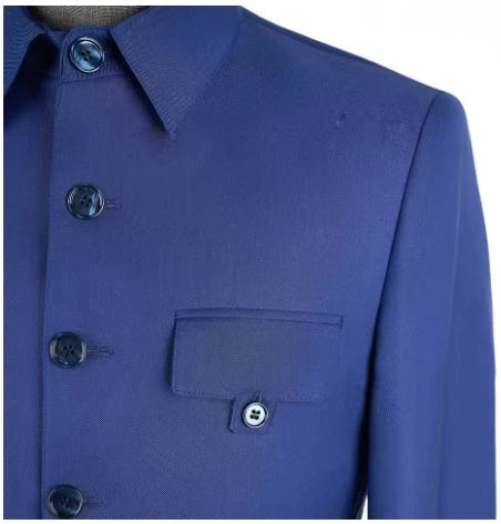 Royal Blue Formal Men's Suit 2 Piece Set Stand Collar Blazer Pants Slim Fit Wedding Groom Tuxedo Party Dress