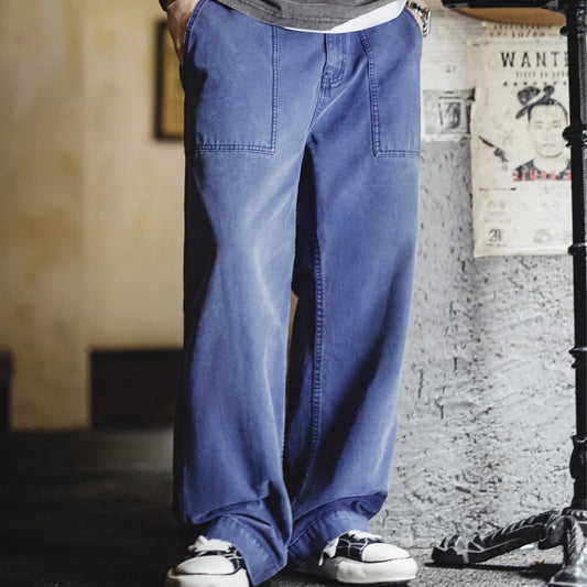 Men‘s Vintage Washed Denim Jeans Blue Cotton Canvas Workwear Zipper Pants Loose Fit Casual Trousers for Spring and Autum