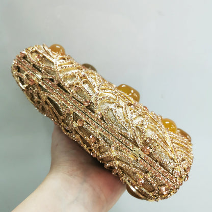 Golden Crystal Women Evening Bags Big Stones Clutch Bag Wedding Bridal Metal Minaudiere Handbags and Purses Ladies Party Clutch