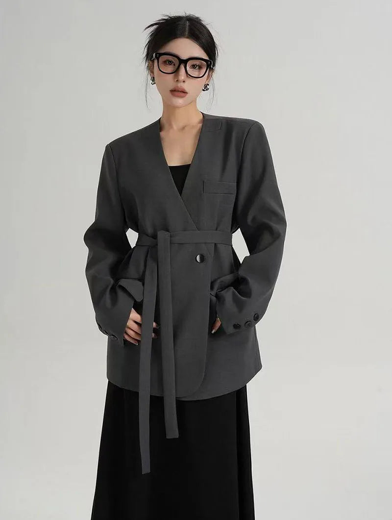 Fashion Collarless Blazers Jacket Ladies Korean Streetwear Design Belt Temperament Blazer Woman Chic Long Sleeve Loose Suit Coat