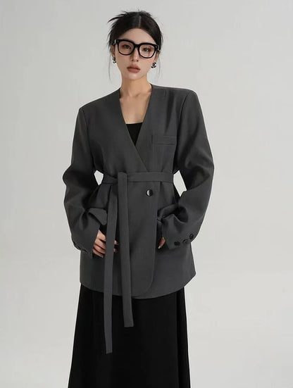 Fashion Collarless Blazers Jacket Ladies Korean Streetwear Design Belt Temperament Blazer Woman Chic Long Sleeve Loose Suit Coat