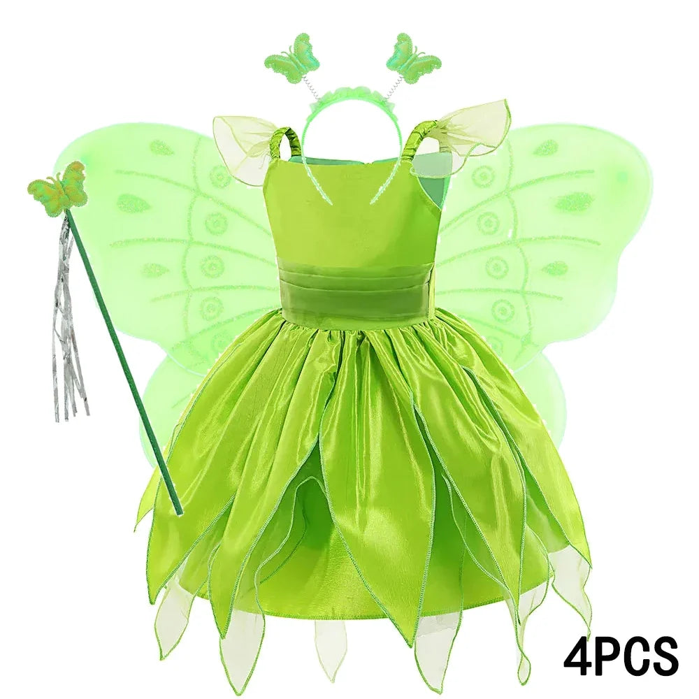 Childern Flower Fairy Dress Up Girls Princess Dress With Wings Halloween Elves Costume Carnival Party Tinkerbell Bell Dress