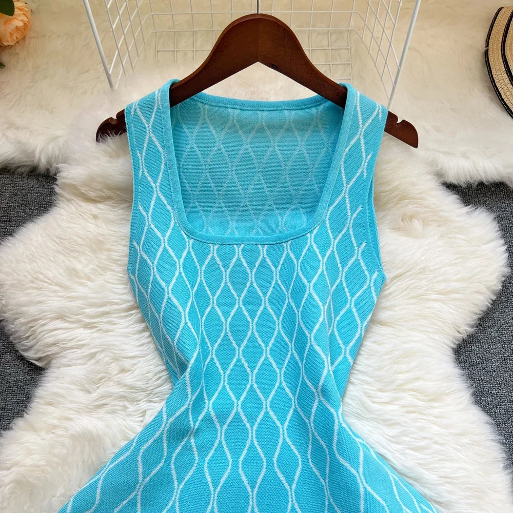 Brand Fashion A-line Short Women Dress Elegant Y2K Geometric Knitted Summer Dress Female Harajuku Black Party Vestidos