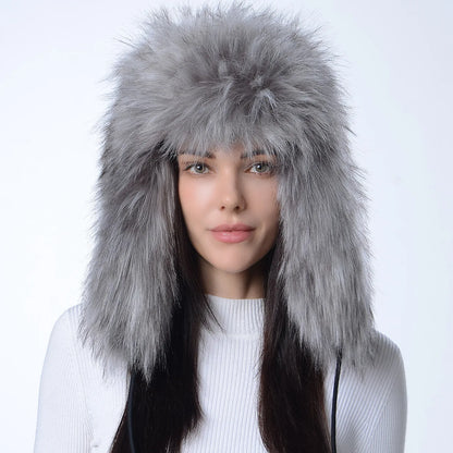 Plush Raccoon Fur Hat Women Thicken Faux Fur Earflap Hat Winter Warm Russian Ushanka Hats Windproof Furry Bomber Cap