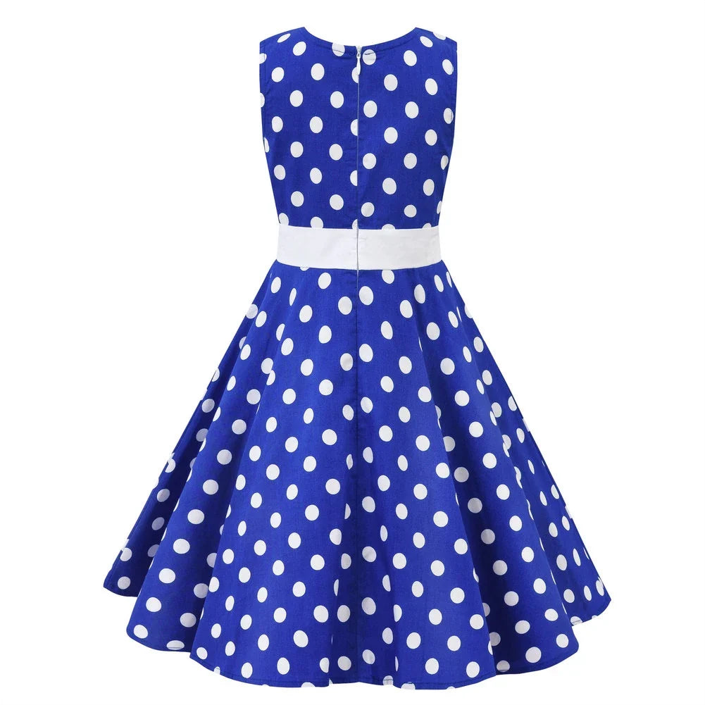 LPATTERN Girls' Vintage Rockabilly Dress Party Retro Polka Dot Floral Pattern A-line Dresses Pleated Skirt Knee-Length for 4-10Y