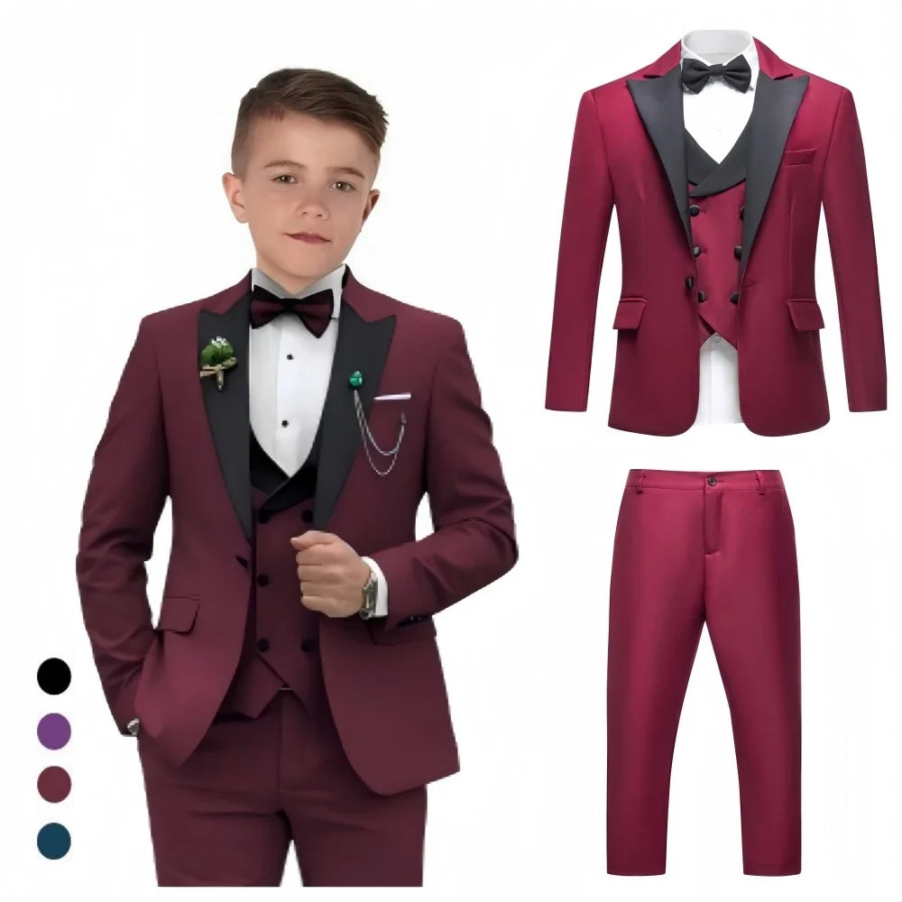 Vintage 4-Piece Suit Set for Boys 3-14 Years, Black Peak Laple Kids Formal Tuxedo Set, Blazer Vest Pants Bow-tie Graduation Suit