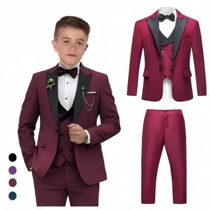 Vintage 4-Piece Suit Set for Boys 3-14 Years, Black Peak Laple Kids Formal Tuxedo Set, Blazer Vest Pants Bow-tie Graduation Suit