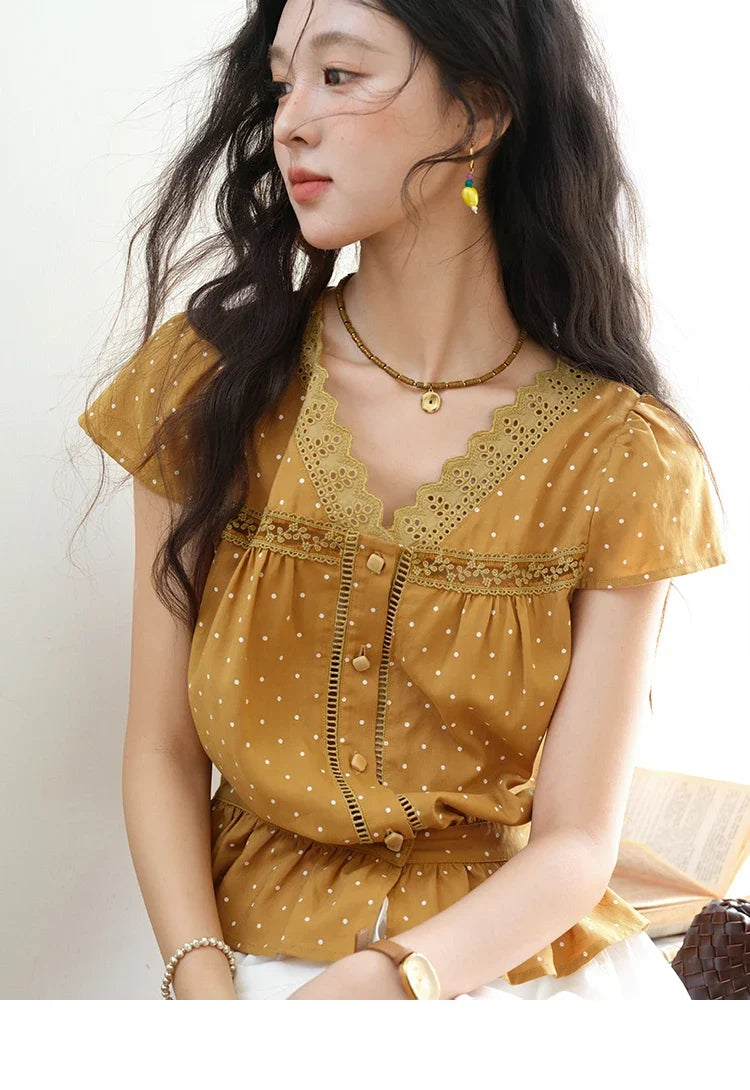 Women's V-neck Lace Splicing Blouse 2025 Summer New Ladies Fashion Polka Dot Hollow Ruffle Button Female Top MXE38X1847