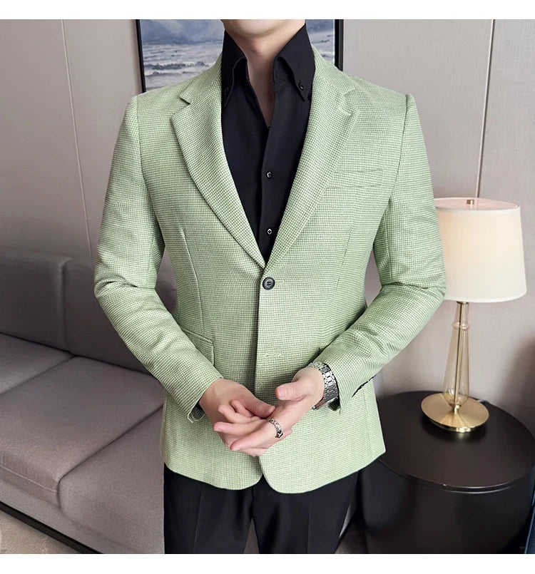 Bright Silk Thousand Bird Grid Suit Jacket Korean-style Business Fashion Slim Fit Single Breasted Men Social Party Dress Coats