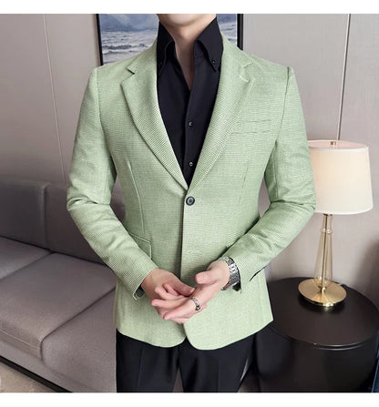 Bright Silk Thousand Bird Grid Suit Jacket Korean-style Business Fashion Slim Fit Single Breasted Men Social Party Dress Coats