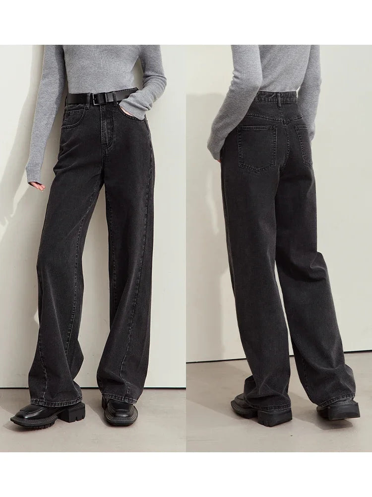 Minimalism Women's Jeans 2024 Autumn New Casual Cotton Denim Pants Retro Trendy Loose Straight Wide-leg Trousers 12443249