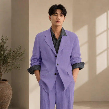 Men's Linen 2 Piece Set Notched Lapel Loose Fit Blazer Wide Leg Trousers Lightweight Breathable Spring Business Casual DailyWear