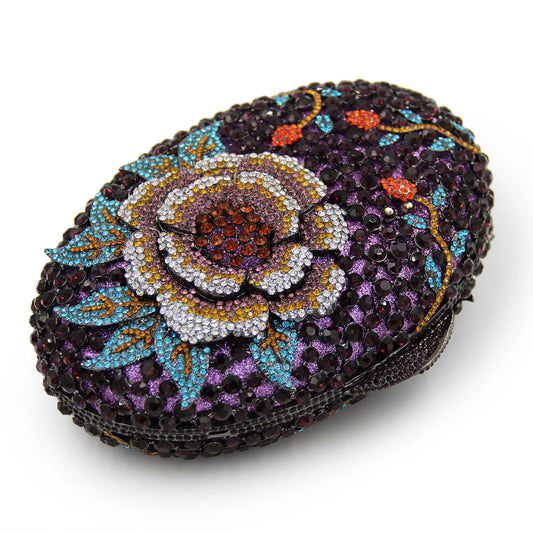 New Design Women Oval Diamond Clutch Purse Studded Floral Pattern Fashionable Hand Evening Bag for Wedding Party
