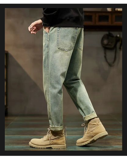 Men's Spring 2026 Loose Harem Pants Denim Retro Solid Comfortable Harajuku Straight Jeans Simple Fashion Versatile Cargo Trouser