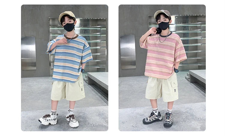 Children Summer Pink Blue Striped Suit Top and Bottom Clothes Set For Teen Boy New Fashion Tracksuit Outfit Kids Casual Clothing
