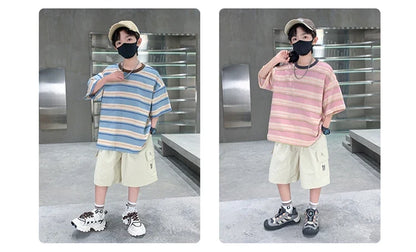 Children Summer Pink Blue Striped Suit Top and Bottom Clothes Set For Teen Boy New Fashion Tracksuit Outfit Kids Casual Clothing