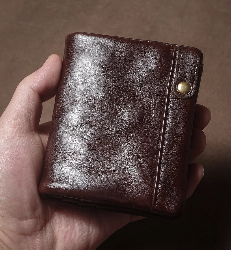 Retro Genuine Leather Short Wallet Men and Women Bifold Money Clip Credit Card Holder with Zipper Coin Pocket Small Purse