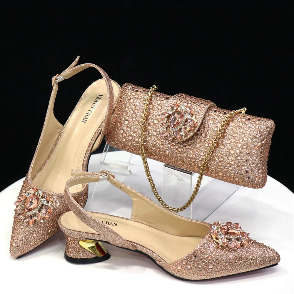Royal Blue Sandals for Women 2024 Luxury Wedding Pumps Med Heels Rhinestone Design Party Shoes and Bags Set