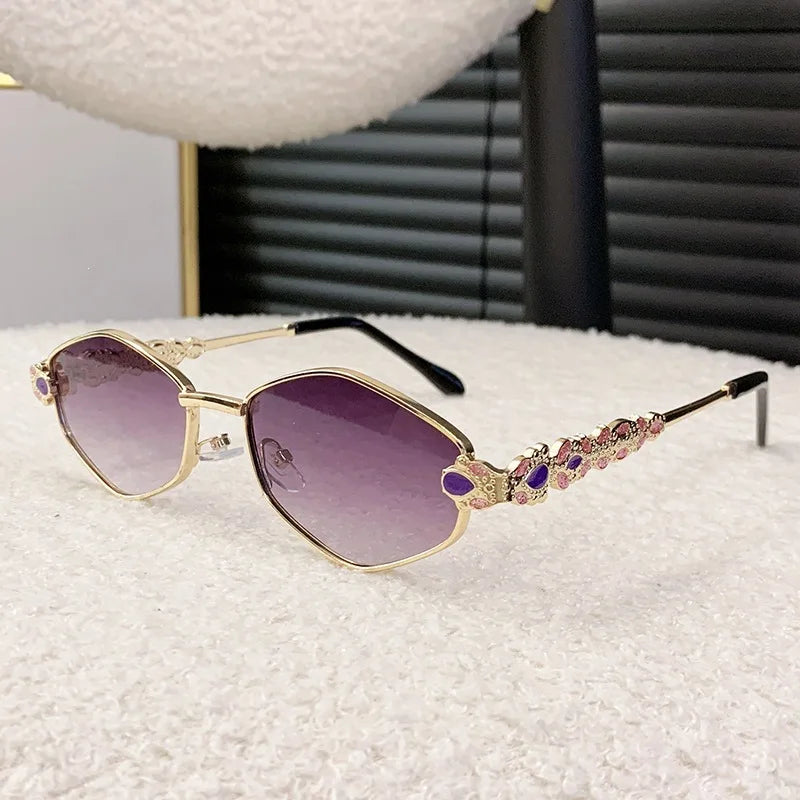 Retro Geometric Polygon Metal Frame Sunglasses with Colorful Enamel Temple Arms UV400 Trendy Women's Fashion Shades Gafas De Sol