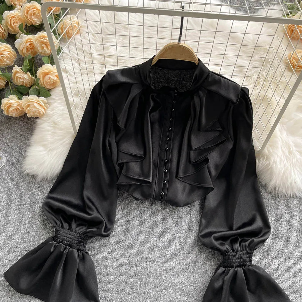 High Quality Satin Loose Shirt Long Flared Sleeves Ruffles O Neck Beading  Women Gentle Office Lady Casual Blouse