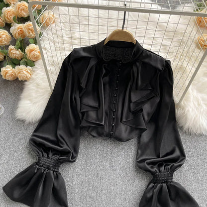High Quality Satin Loose Shirt Long Flared Sleeves Ruffles O Neck Beading  Women Gentle Office Lady Casual Blouse