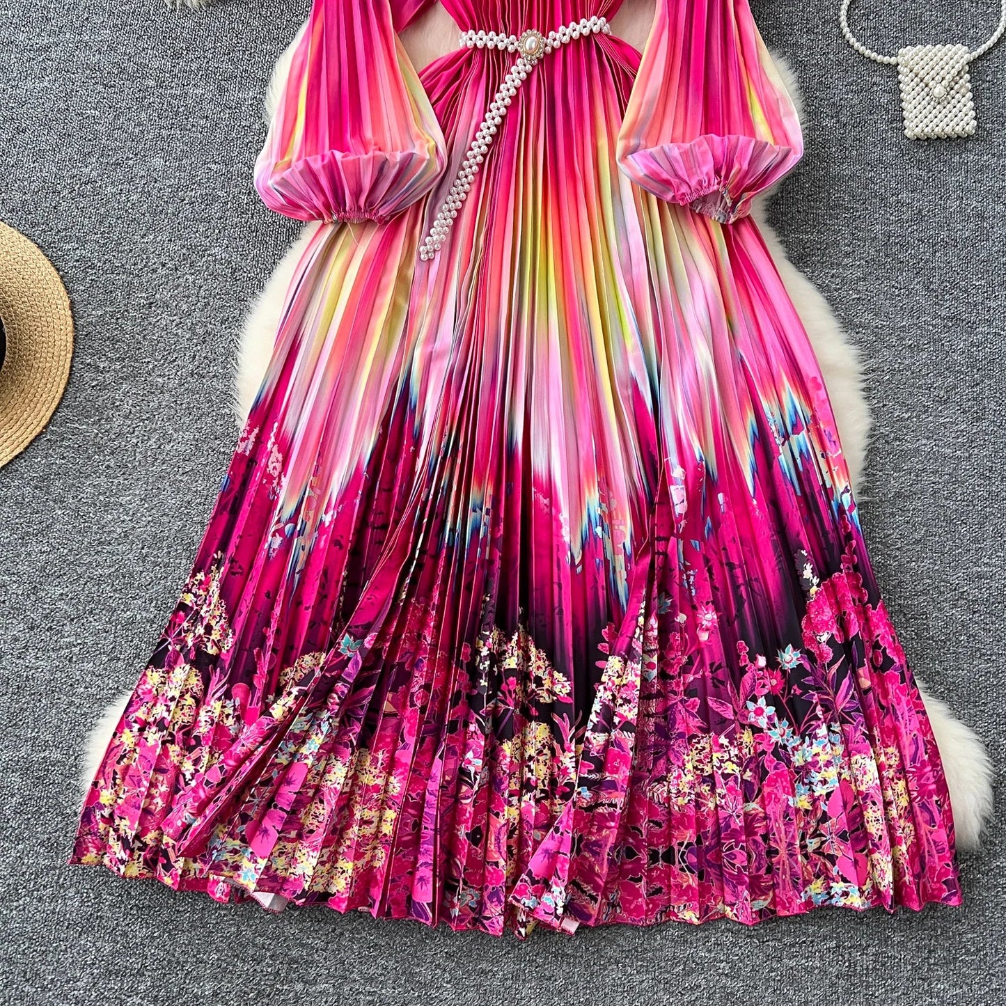 Ele High-End Women's Dr Faionable Beaded round Ne Hollow out Pleated Lantern Sve Waist Cinched Floral Print Lon...