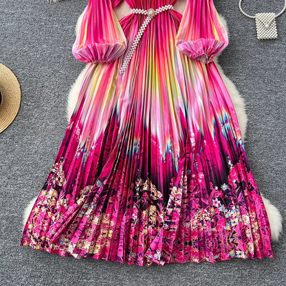 Ele High-End Women's Dr Faionable Beaded round Ne Hollow out Pleated Lantern Sve Waist Cinched Floral Print Lon...
