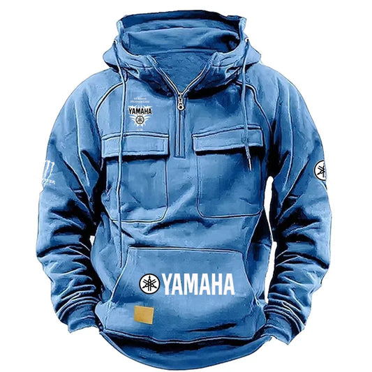 logo Men's Loose Fleece-lined Hoodie Jacket with Multiple Pockets Retro American Style Spring Autumn Winter Casual Outerw
