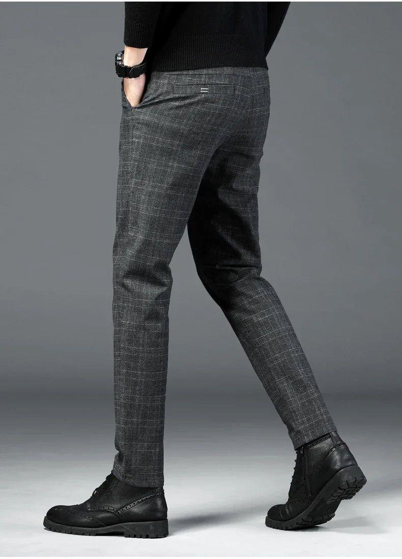 Autumn New Men's Plaid Striped Business Casual Pants Classic Fashionable Straight Elastic Casual Trousers Black Gray Male