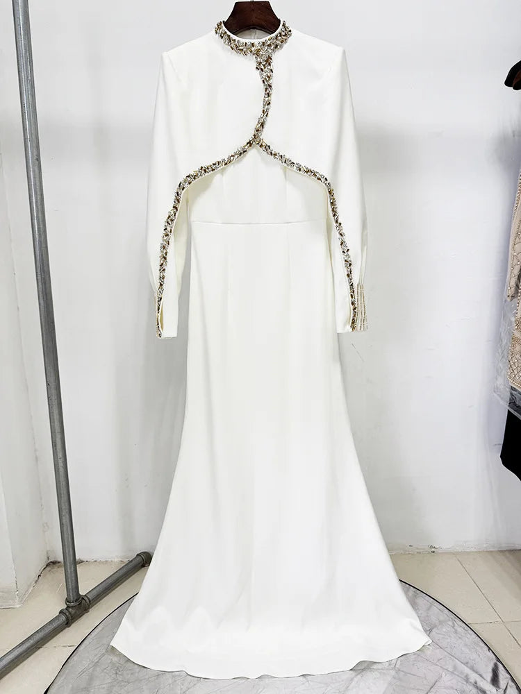 HIGH STREET Newest 2026 Designer Vestido Women's Diamonds Beaded Cape Sleeve Floor Length Maxi Long Dress