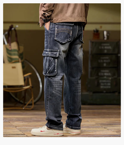 Autumn and winter new styles Men's outdoor multi-pocket cargo jeans Straight loose casual stretch fashion jeans for men