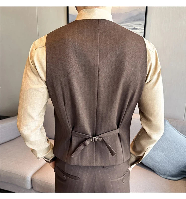 ( Vest+Pants) Autumn Winter Thicken Wool Striped Suit Vest 2 pieces Men Fashion Slim Fit Business Casual Wedding Dress Vest Sets