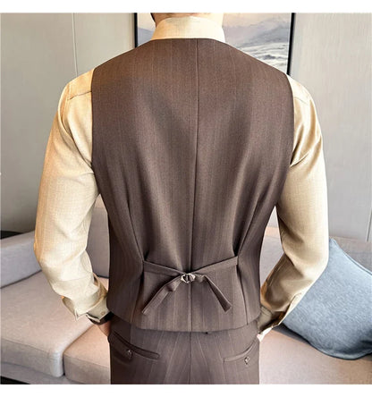 ( Vest+Pants) Autumn Winter Thicken Wool Striped Suit Vest 2 pieces Men Fashion Slim Fit Business Casual Wedding Dress Vest Sets