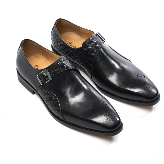Luxury Men's Genuine Leather Monk Strap Shoes Cowhide Business Office Formal Dress Shoes with Buckle Italian Style for Weddings