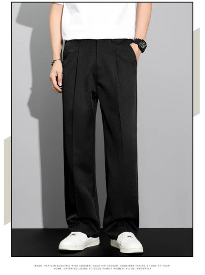 Men's 2026 Summer Korean Style Loose Straight Leg Draping Lightweight Casual Pants Slacks Khaki Dark Gray Black Trousers Male