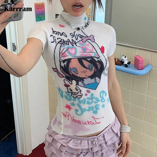 Karrram Japanese Y2k Anime Print T-shirt 2000s Aesthetics Kawaii Crop Top Vintage Harajuku Cutecore Short Sleeve T Shirts Lolita
