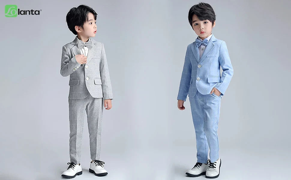 Boys Suit Wedding Ring Bearer Outfit Kids Suit Set Plaid Striped Blazer Suit Pants Bow Tie Pink Suit 2-14Years