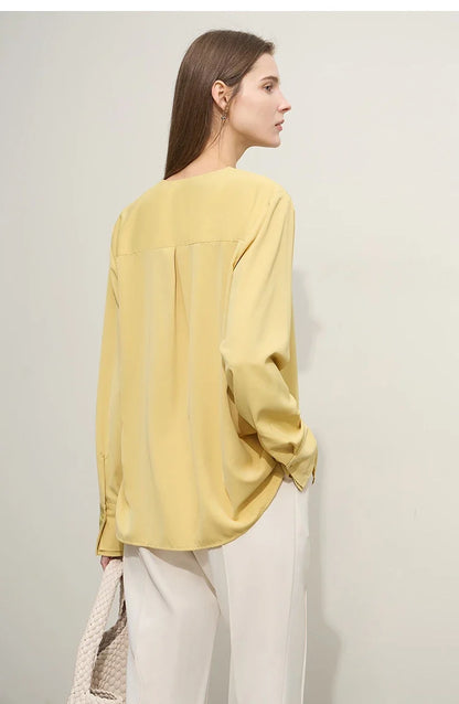 Autumn New Elegant Blouses Women 2025 V-neck Solid Long Sleeve Shirts Female Fashion Office Lady Straight Clothing 12521087