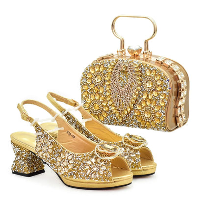 Italian Shoes and Bags Matching Set Decorated with Rhinestone Shoe and Matching Bag for Nigeria Party Wedges Shoes for Women