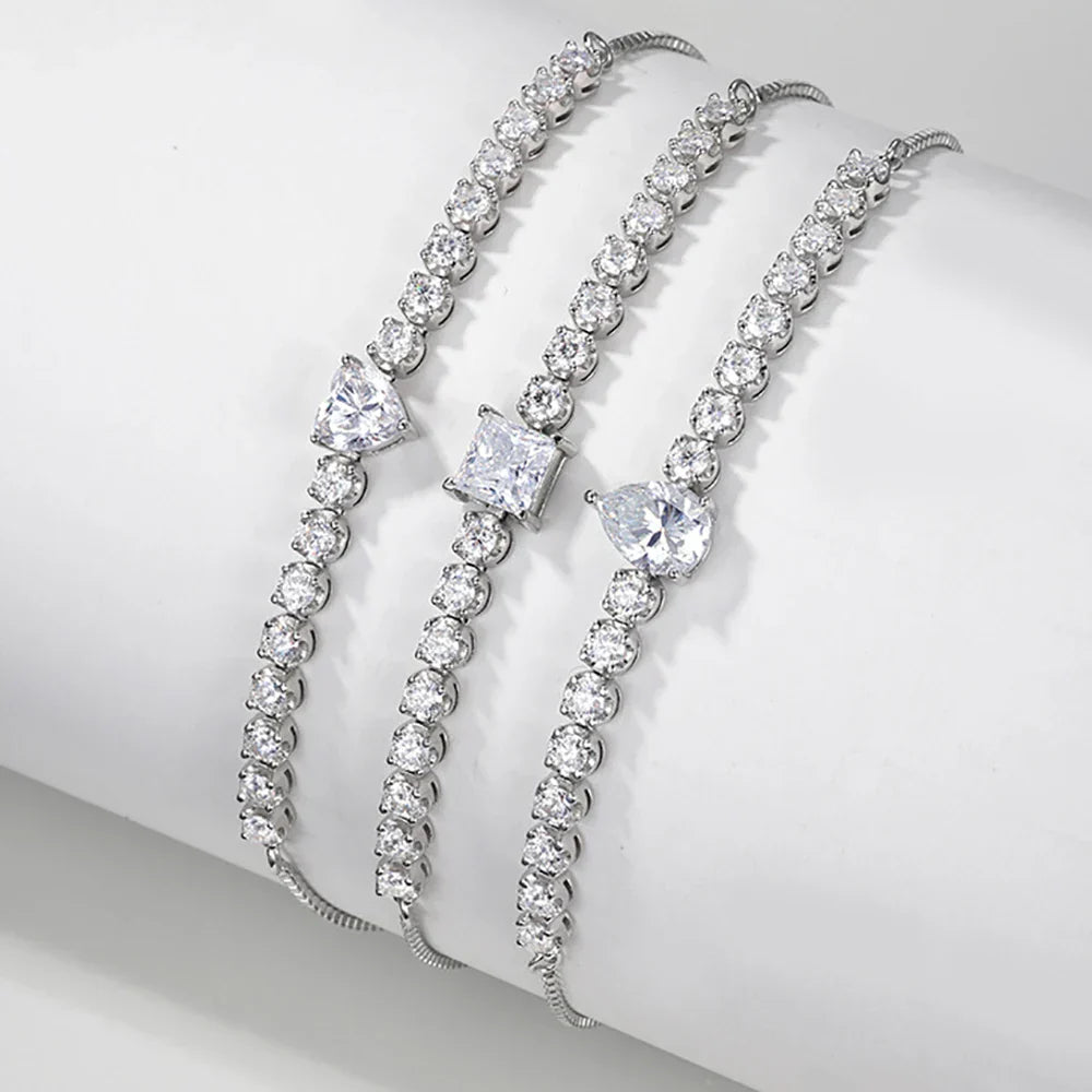 2.5mm Full Moissanite Tennis Riviera Bracelet With 6mm Heart Cut Diamond Adjustable Wrist Chain S925 Silver for Women Jewelry