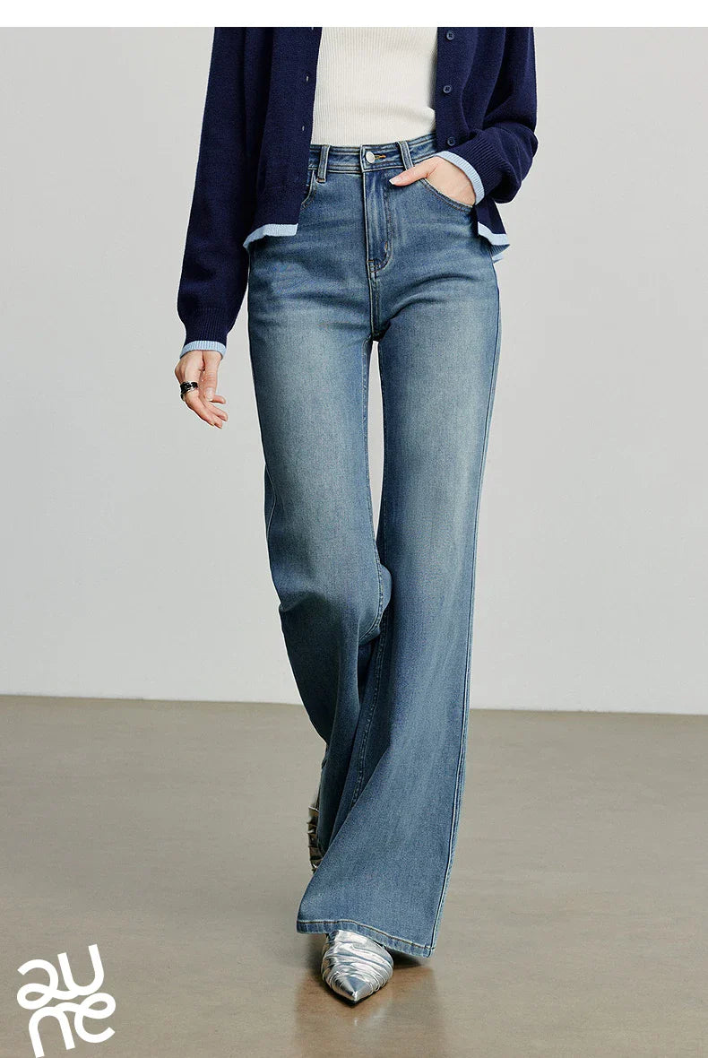 Women Denim jeans 2025 Autumn New Lycra Stretch Mid Waist Cotton Flares Pants