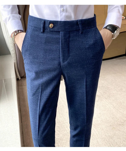 Boutique Classic Plaid and Striped Fashion Men's Casual Business Slim Suit Pants Groom Wedding Dress Trousers Party