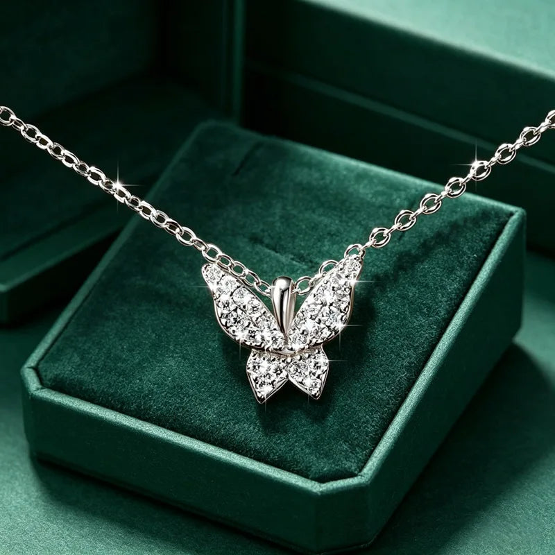 Sparkling 1.5mm Moissanite Necklace 14K Gold Butterfly Pendant Necklaces for Women Valentine's Day Jewelry Gift