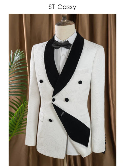 Double-Breasted Groom's Wedding 2 Piece Set White Party Outfit for Man Slim Fit Tasdo Shawl Collar Evening Gown Dinner Suit