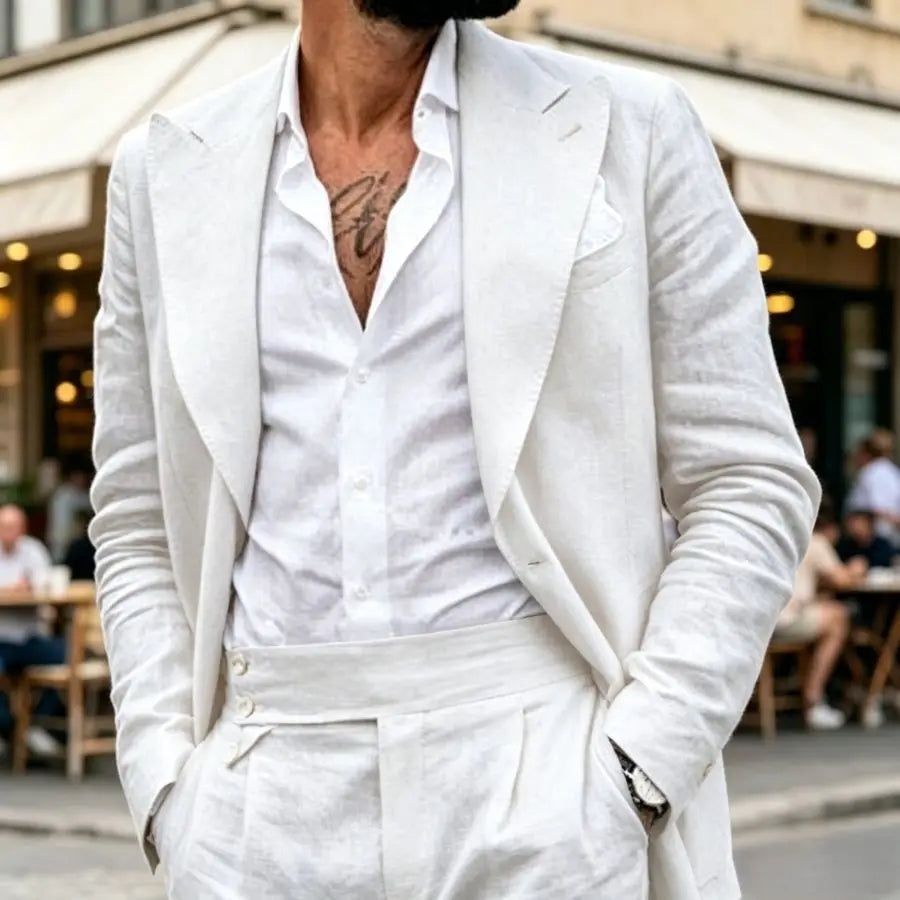 Linen Men Suits with Wide Lapel 2 Piece Prom Wedding Lightweight Summer Beach Groom Outfit Casual Formal Blazer Trousers Set
